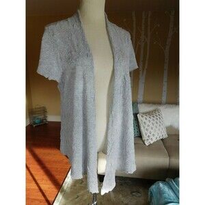 EILEEN FISHER Heather Gray Open Front "Crinkle" Knit Cardigan Hi/Low Hem  XS